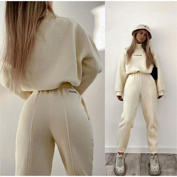 

womens two piece pants women turtleneck fleece tracksuit casual letter print long sleeve and sweatpants suit winter thick warm set 230302, White