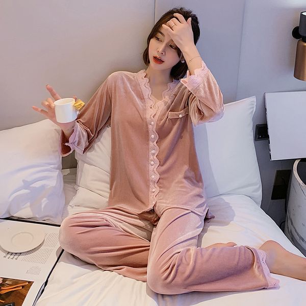 

women's sleepwear gold velvet women's winter pajama set warm velvet ladies sleepwear loose homesuit soft fashion solid pijama suit, Black;red