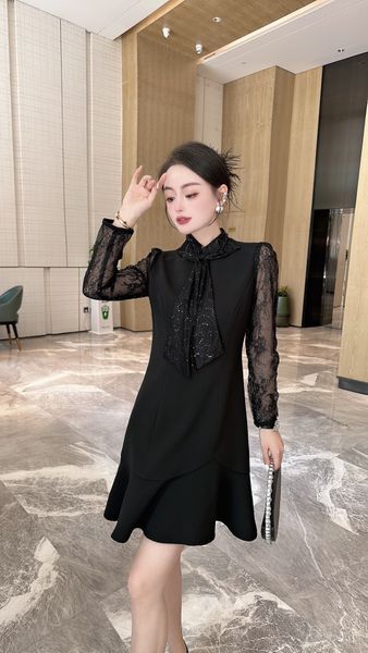 

casual dress lace dress 2023 fashion new niche design high sense celebrity temperament dinner fishtail dress, Black;gray