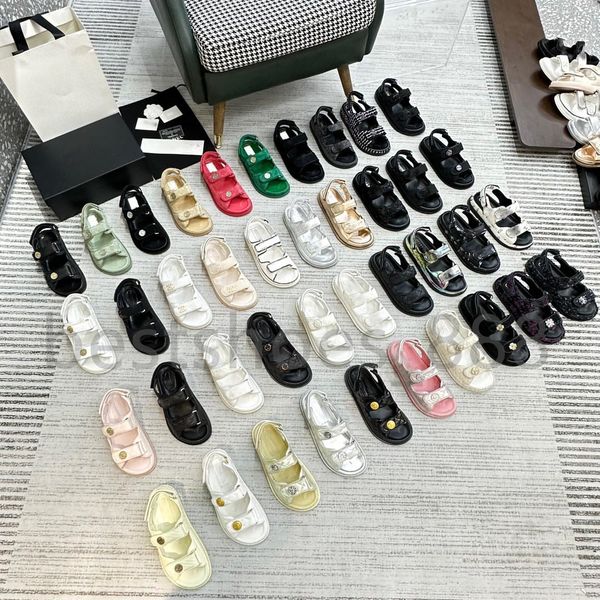 

designer women sandals womens slides crystal calf leather casual shoes quilted platform summer beach slipper 35-41 with box, Black