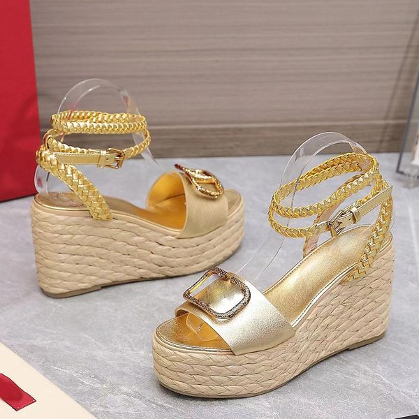 

thick soled sandals fashion designer women buckle strap woven lafite leather high heel platform shoe summer dress shoes, Black