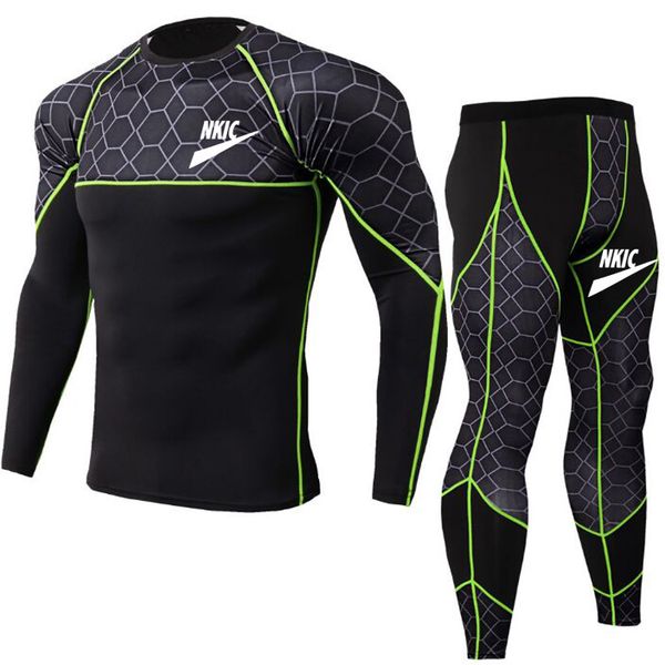 

Mens Running Tracksuits Compression T-Shirt Pants Sport Long Sleeves Fitness Men Gym Leggings Clothes Tight Suit, Black and green 2