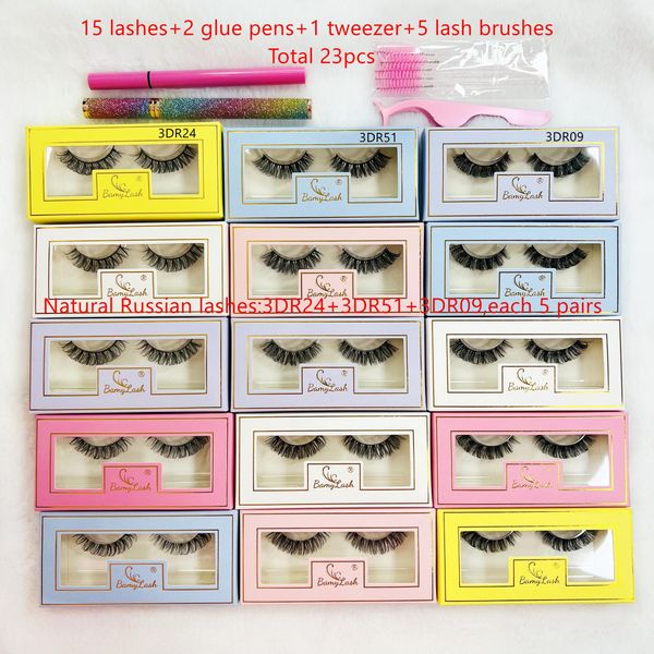 

15 false lashes 5 eyelash brushes 2 glue eyeliner pen 1 eyelashes tweezer, total 23pcs full strip lashes set
