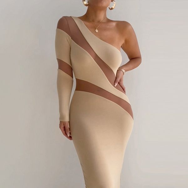 

mesh see through patchwork midi dress for women robe autumn new one sleeve backless bodycon long dress vestido, Black;gray