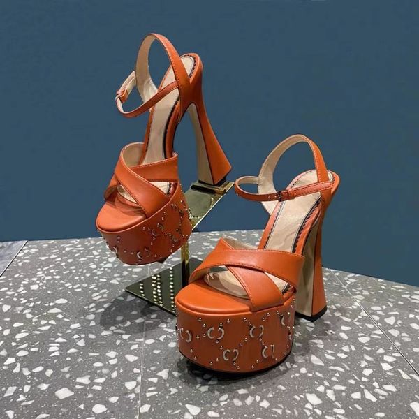 

the latest stud sandals with interlocking embellished cross ankle strap horseshoe heels high double waterproof platform 15.5cm designer part, Black