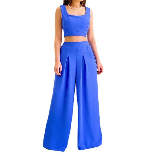 

summer fashion womens two piece pants designer square collar sleeveless short vest and straight leg pants suits sne0359 casual street trouse, White