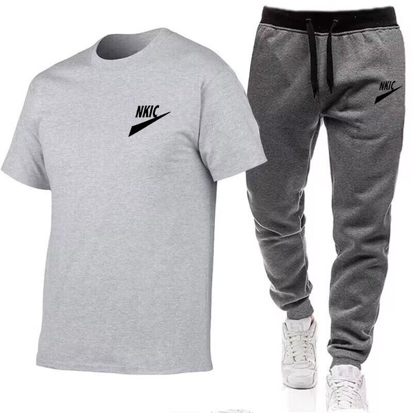 

men's fashion shirt tracksuit two pieces sets men casual fitness sport suit short sleeve t shirt trousers men's casual sportswear, Gray