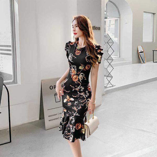 

women's clothing runway dresses printed dresses women's 2023 style temperament medium gth slim waist short sleeve round neck hip w, Black;gray