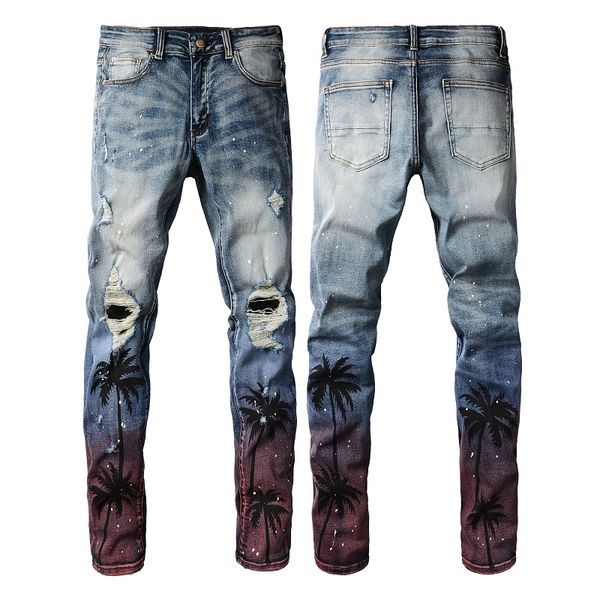 

mens jeans designer palm tree design skinny jeans jogger pants elastics distressed ripped slim fit denim for men black perforated embroidery, Blue