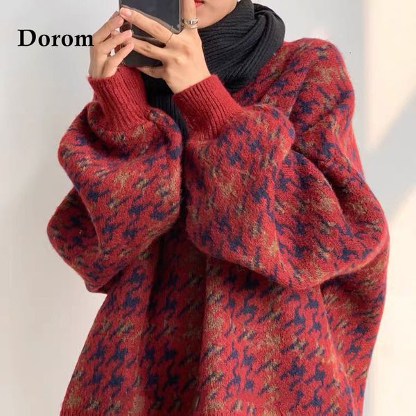 

women's sweaters vintage green houndstooth sweater women autumn o-neck loose knitted oversize pullover female korean lantern sleeve war, White;black