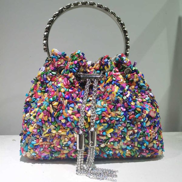 

new arrival rainbow stone bucket bag woman shoulder bag metal leaf handle detachable metallic chain strap handbag purse for lady