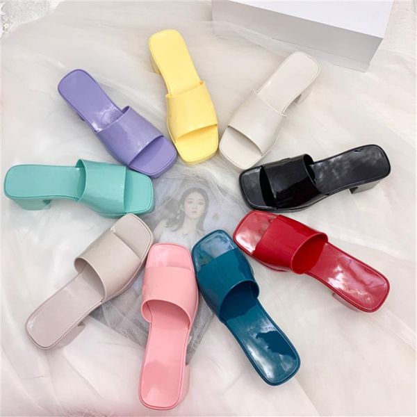 

2021 brand women slip-on platform slippers woman outdoor thick heel square toes jelly shoes ladies open toe mid heels party sandal2627, Black