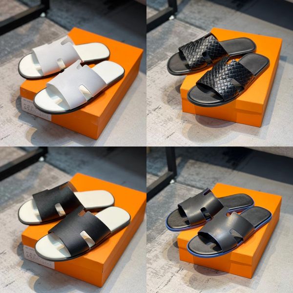 

latest men slippers designer slipper lazy large beach sandals calfskin slides summer flat scuffs sandal, Black