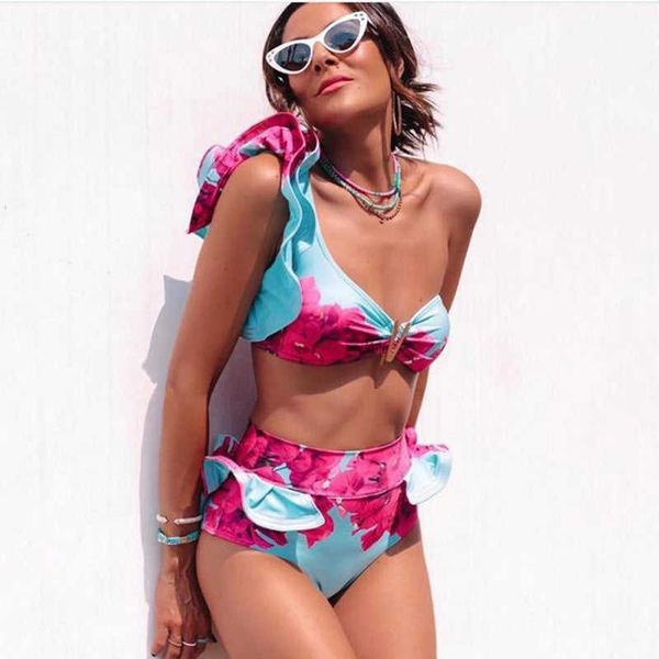

women's swimwear one shoulder ruffle bikini set split-joint two-piece swimsuit high waist swimwear printed bathing suit summer beach we, White;black