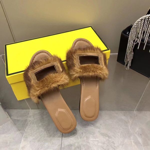 

hollow out genuine leather slippers with mink fur 5 bright colors women designer slides fashion shoes, Black
