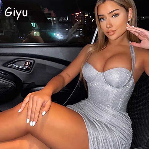 

casual dresses giyu glitter sparkle dress women 2022 summer night club party satin bodycon mini dresses backless sleeveless ruched vestido z, Black;gray