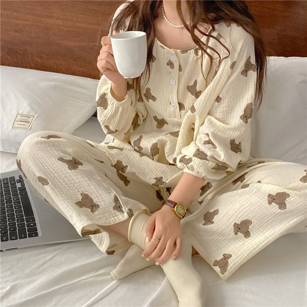 

women's sleepwear 100% cotton gauze women pajama robe sets lace up long sleeve 2 pieces nightgown tracksuit comfortable trouser sleepwe, Black;red