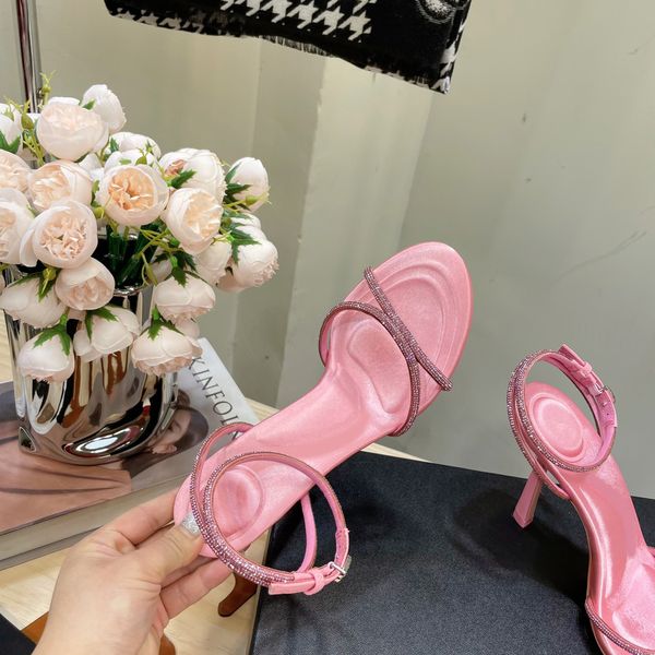 

2023 womens high-heeled shoes rhinestone stud famous sandals point toe two straps buckles ladies rivets dress high heels alexander diamond a, Black