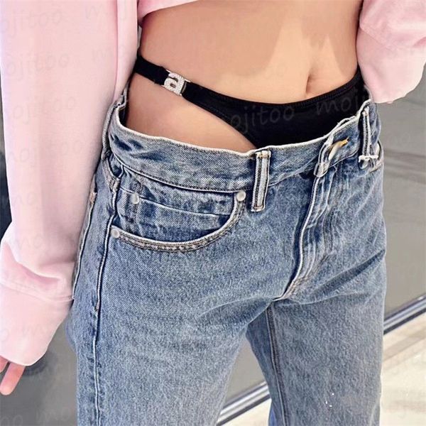 

women designer jeans trousers fake two-piece underpants splicing high waist denim pants, Blue
