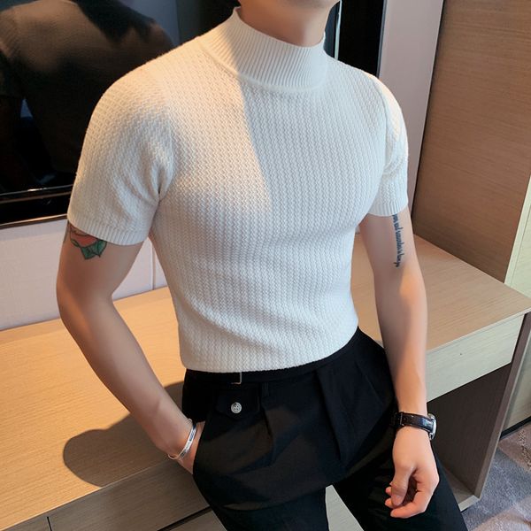 

men's sweaters men short sleeve knitted sweater spring turtleneck solid color casual stretched slim fit homme pullovers clothing 230303, White;black