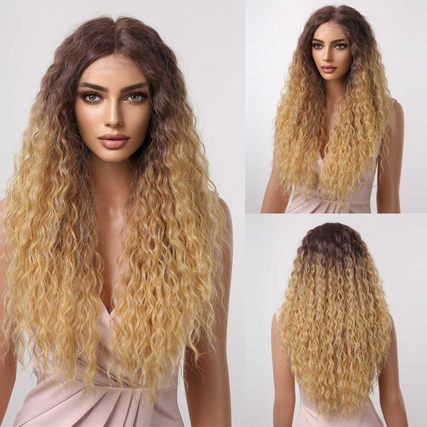 

synthetic wigs easihair deep wave lace front synthetic wigs long brown blonde ombre natural wig for women cosplay heat resistant 230227, Black