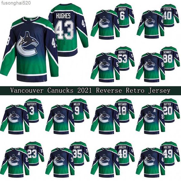 

quinn hughes vancouver canucks 2021 reverse retro jersey 40 elias pettersson 53 bo horvat 88 nate schmidt 49 holtby hockey jerseys, Black;red