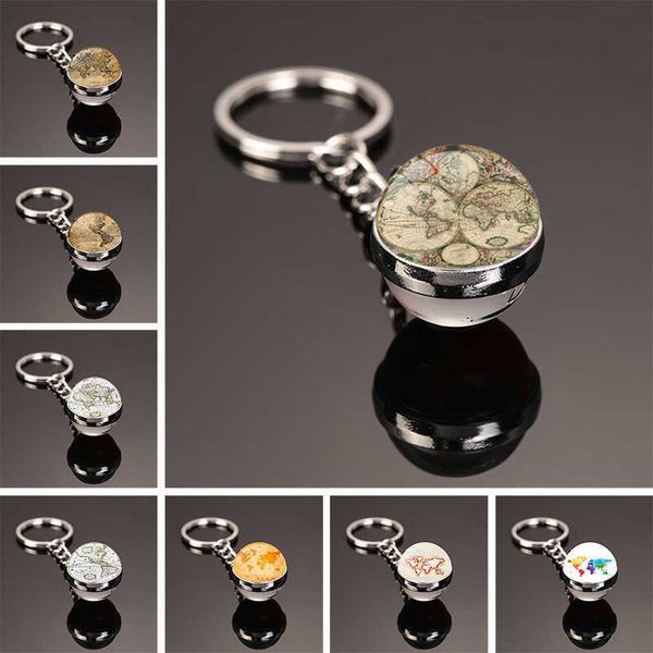 

key rings fashion trendy retro world mapkey ring double-sided glass ball keychain accessory pendant key chain diy keychain accessories r2303, Slivery;golden