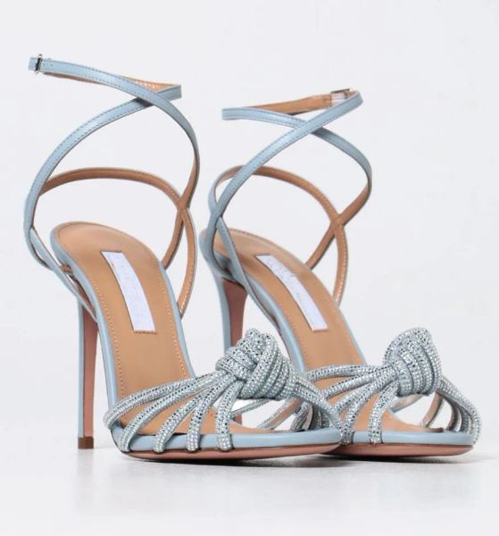 

luxury women summer celeste sandals shoes aquazzuras crystal-embellished toe straps knotted lady high heels eu35-43 original box 0gdr, Black
