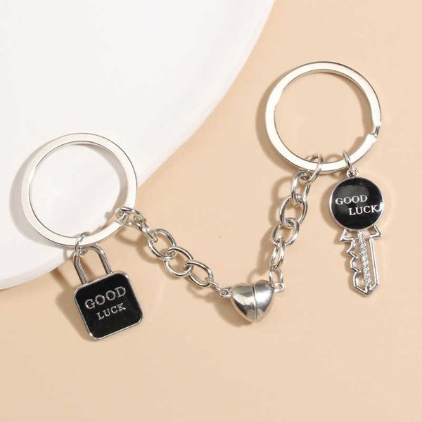 

key rings good luck enamel keychain key and lock heart key ring magnetic snap key chains for couple lovers diy handmade jewelry gifts r23030, Slivery;golden