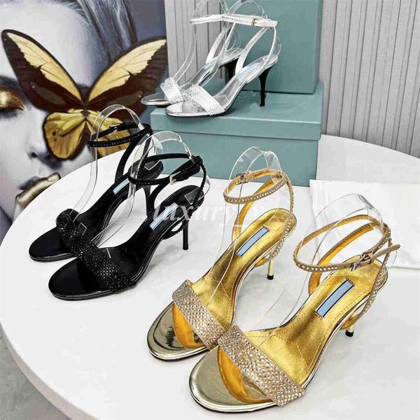 

designer women sandals silver high heels brushed leather stiletto ankle strap sandal open-toes rhinestone golden pumps with box, Black