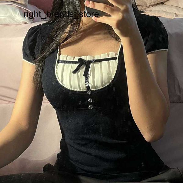 

women's t-shirt xingqing 2022 summer vintage bow ruffle patchwork t shirt y2k women grunge square neck aesthetic korean short sleeve cr, White