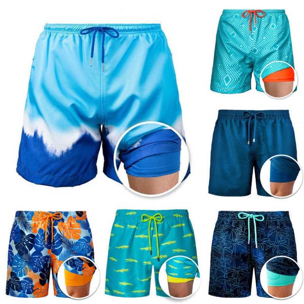 

2023 summer men beach pants sports pants printed lace up waist double shorts on the seaside, White;black