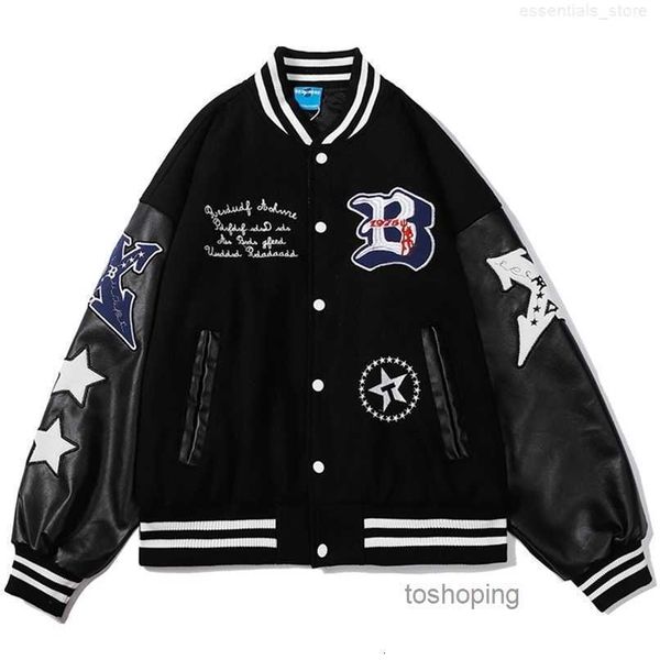 

men's jackets hip baseball coat men letter embroidery leather sleeve varsity bomber biker punk vintage fashion college, Black;brown
