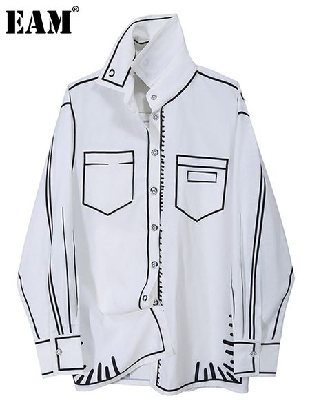 

eam women white pattern printed big size blouse lapel long sleeve loose fit shirt fashion spring autumn 1dd0074 230302