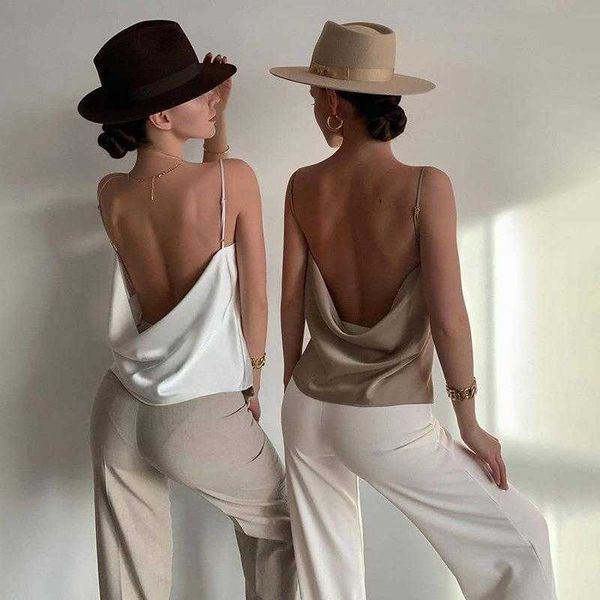 

217005 satin pockets collar camisole spring fashion backless temperament, White