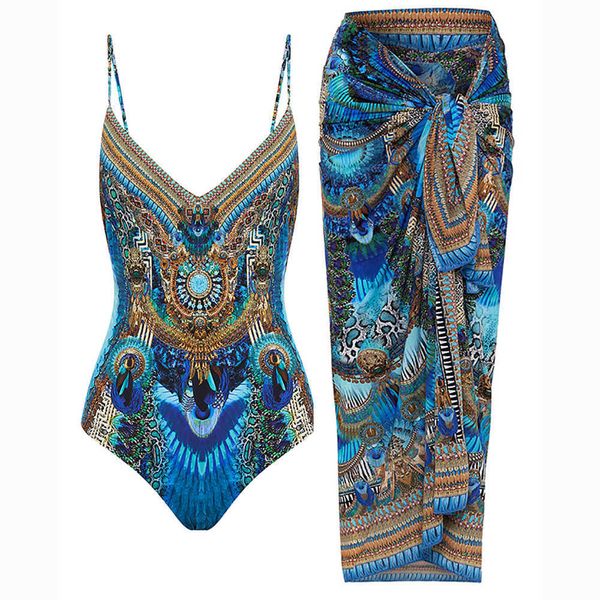 

women's swimwear fashion blue printed backless bikini set women one piece swimsuit summer beach outfits v-neck bathing suits luxury swi, White;black