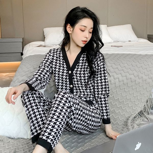 

women's sleepwear home clothes for women plaid pants pajamas for women cotton sleepwear suit spring pyjamas women v-neck button loungew, Black;red