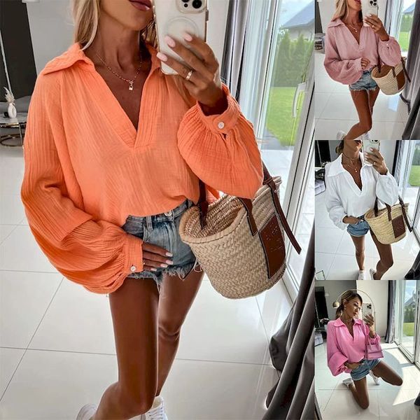 

womens blouses shirts cotton folds vintage blouse femmes autumn vneck longsleeved casual holiday style women shirt elegang pullover 230303, White