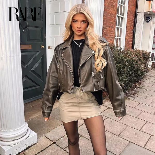 

womens jackets chaqueta de cuero lavado con para mujer abrigo corto cremallera degradada y cuello vuelto vintage chaqueta elegan 230302, Black;brown