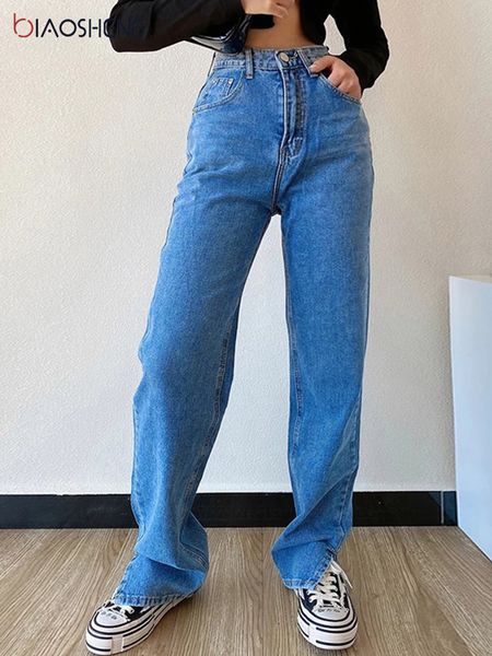 

women's jeans women's pants straight leg jeans women high waist slim loose autumn winter pants casual split washed mom fashion tro, Blue