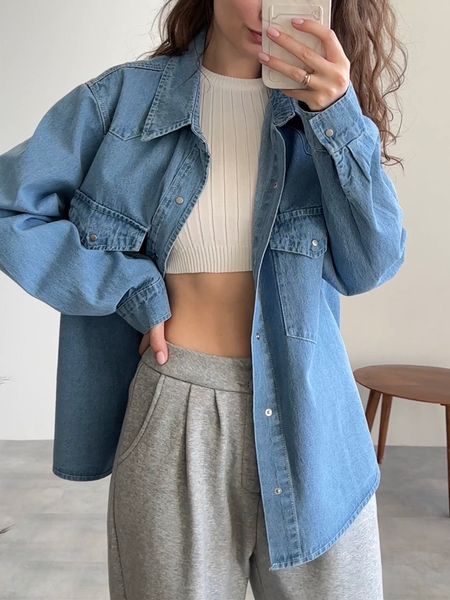 

womens blouses shirts autumn spring casual fashionable denim jean pockets korean style minimalist lady bl9350 230303, White