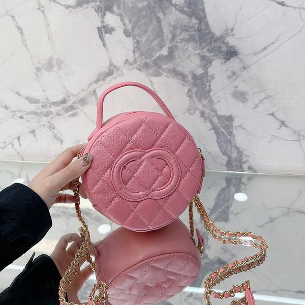 

womens vinatge round cosmetic case box bags handle totes caviar leather calfskin pink black vanity with gold metal chain strap crossbody sho