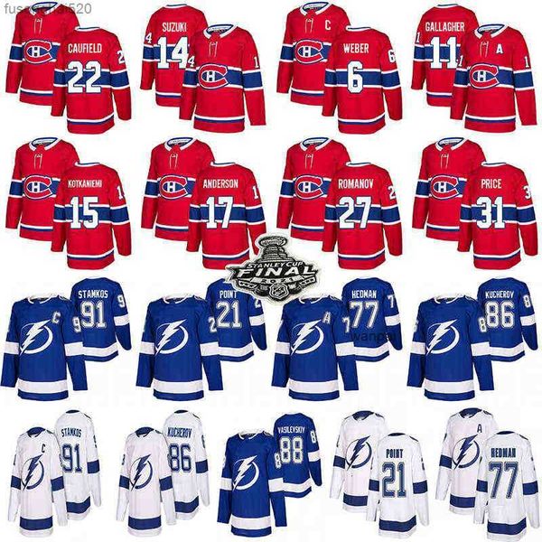 

22 cole caufield montreal canadiens hockey jerseys 14 nick 31 carey price tampa bay lightning 91 steven stamkos 86 kucherov 77 hedman, Black;red
