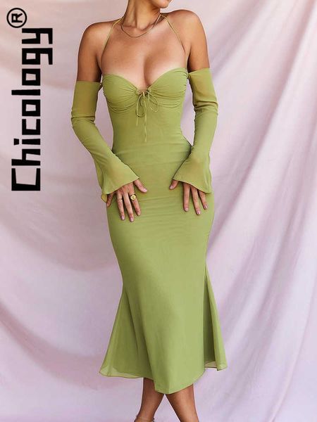 

casual dresses chicology 2022 women chiffon lace up halter backless mesh raglan sleeve midi dress party elegant festival summer outfits z021, Black;gray