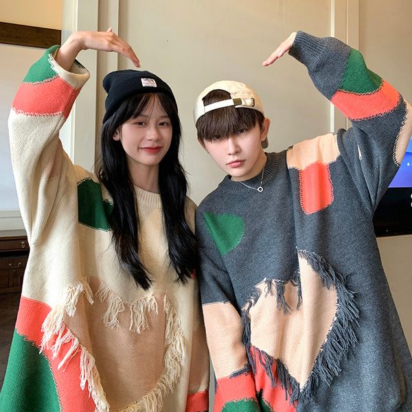 

men's sweaters privathinker large size tassels heart fashion couple clothing autumn winter male knitted pullovers 230303, White;black