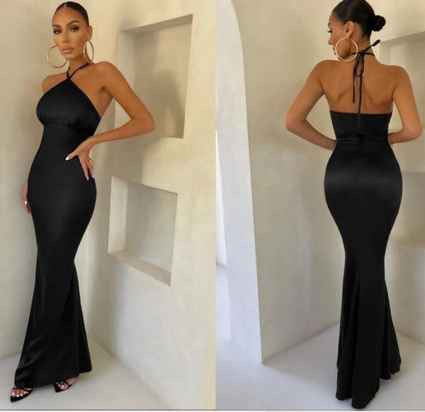 

black halter mermaid satin evening dresses backless prom gowns formal party, Black;red