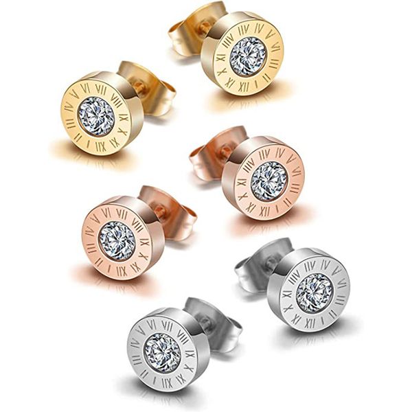 

round diamond-studded roman numeral titanium steel stud earrings for men and women all-match earrings earrings, Golden;silver