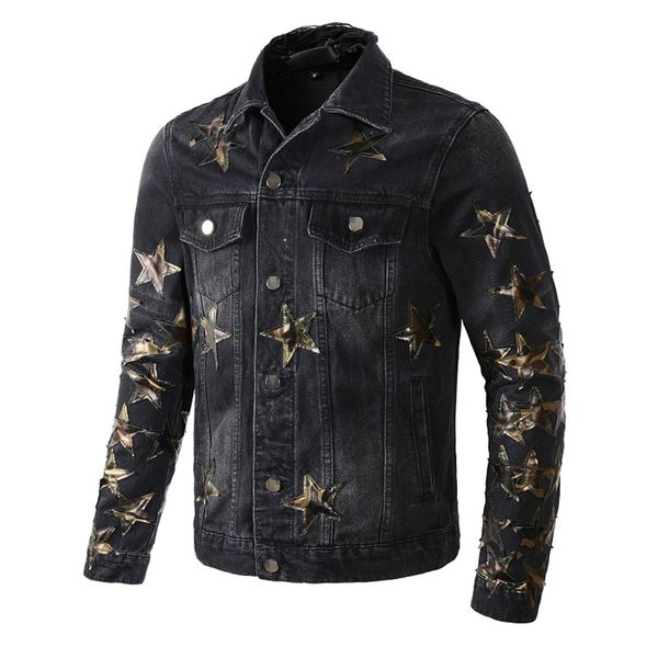 

denim series launches men's denim jacket senior designer designs street pentagram trend cool star cool boy loose lapel handsome jacket, Black;brown