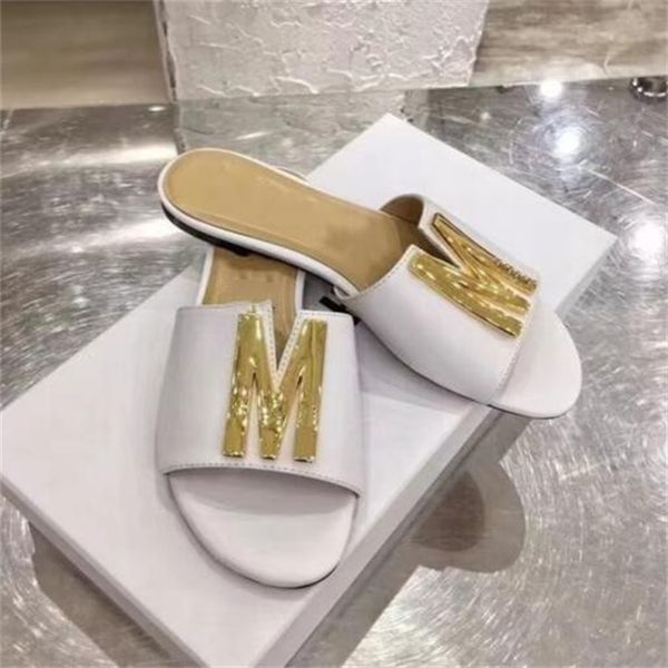 

Women's Summer Luxury Designer Flip Flops - Genuine Leather with Metal Letters, White