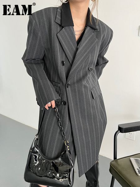 

womens suits blazers eam women gray striped big size long blazer lapel sleeve loose fit jacket fashion spring autumn 1df2512 230302, White;black